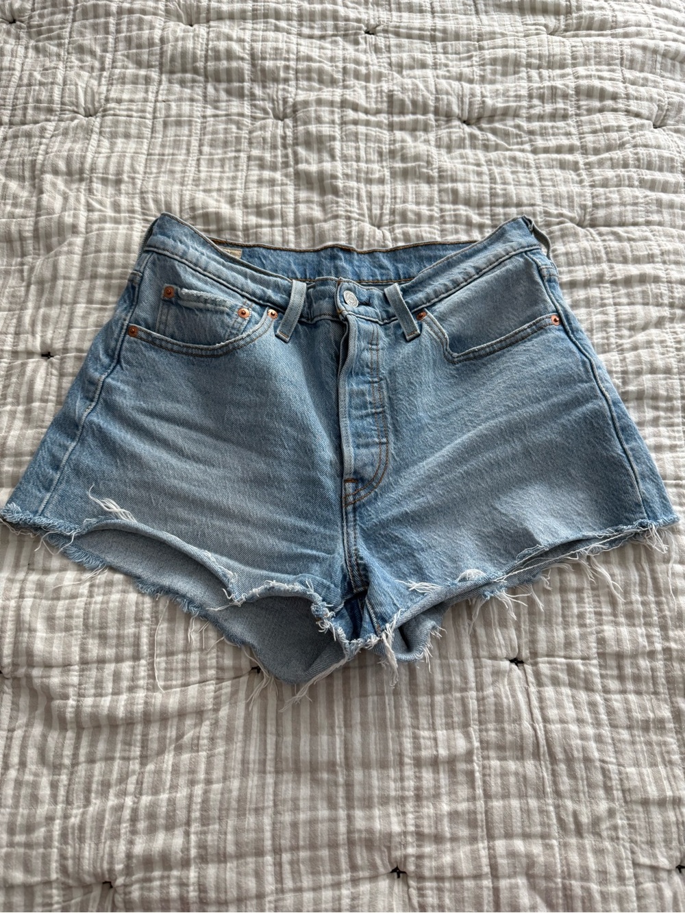 Levi's 501 Light Blue High-Rise Frayed Denim Shorts